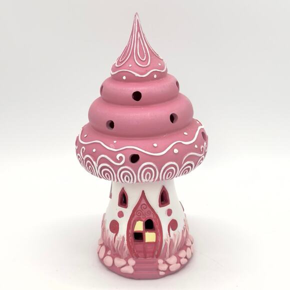 Pink Candy Mushroom Gingerbread Fairy House LED Light Up Christmas 9” NEW - Picture 1 of 8